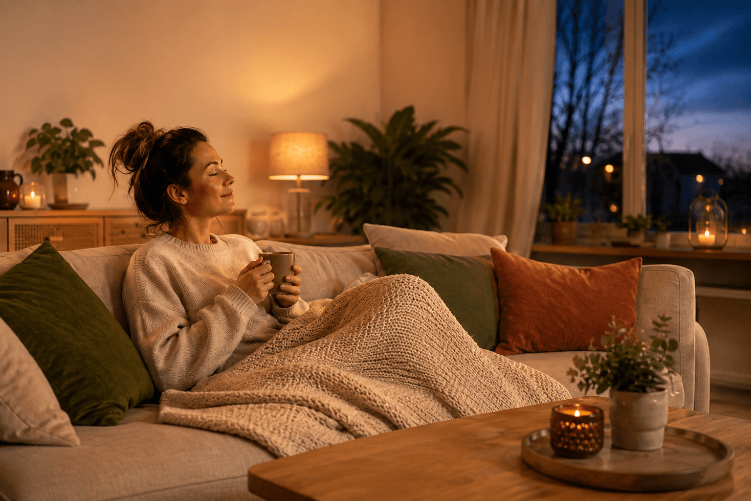 Frau entspannt am Abend mit einer Tasse Tee und einer Decke auf dem Sofa