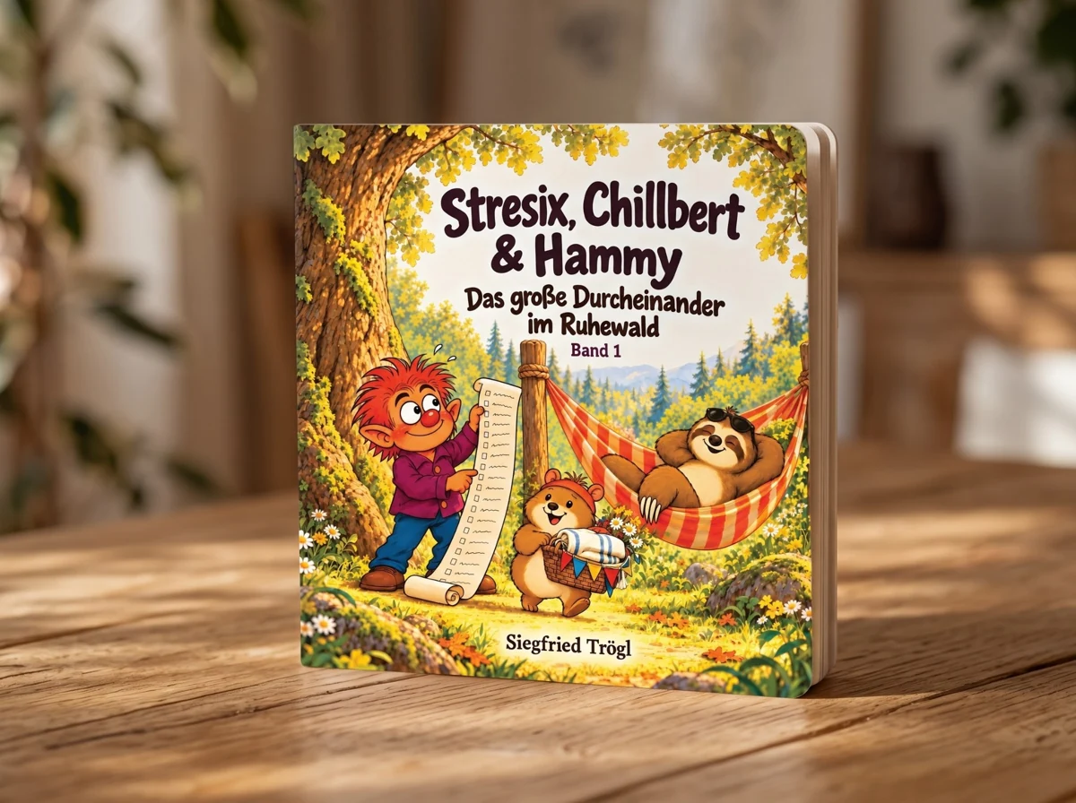 Stresix, Chillbert und Hammy – Das große Durcheinander im Ruhewald, Band 1 von Siegfried Trögl, als Buch in einem gemütlichen Wohnraum