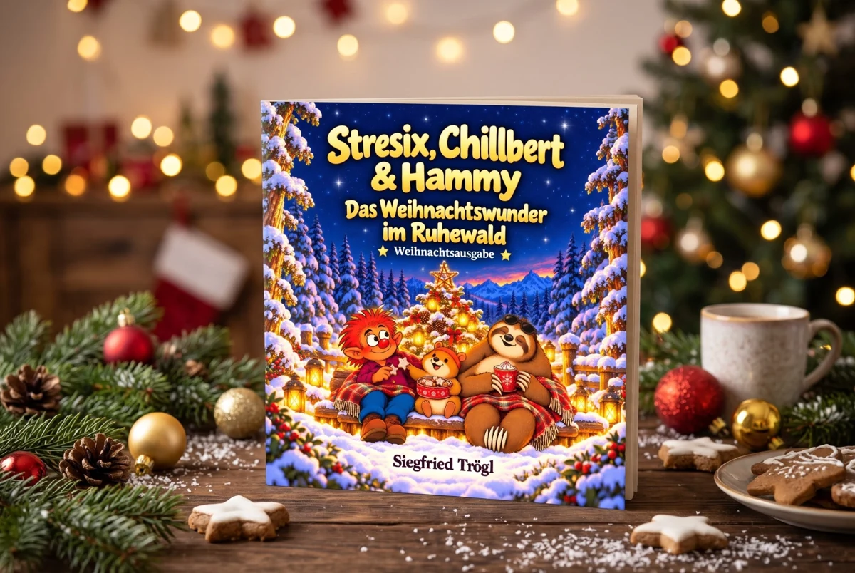 Stresix, Chillbert und Hammy – Das Weihnachtswunder im Ruhewald von Siegfried Trögl, als Buch in weihnachtlicher Umgebung