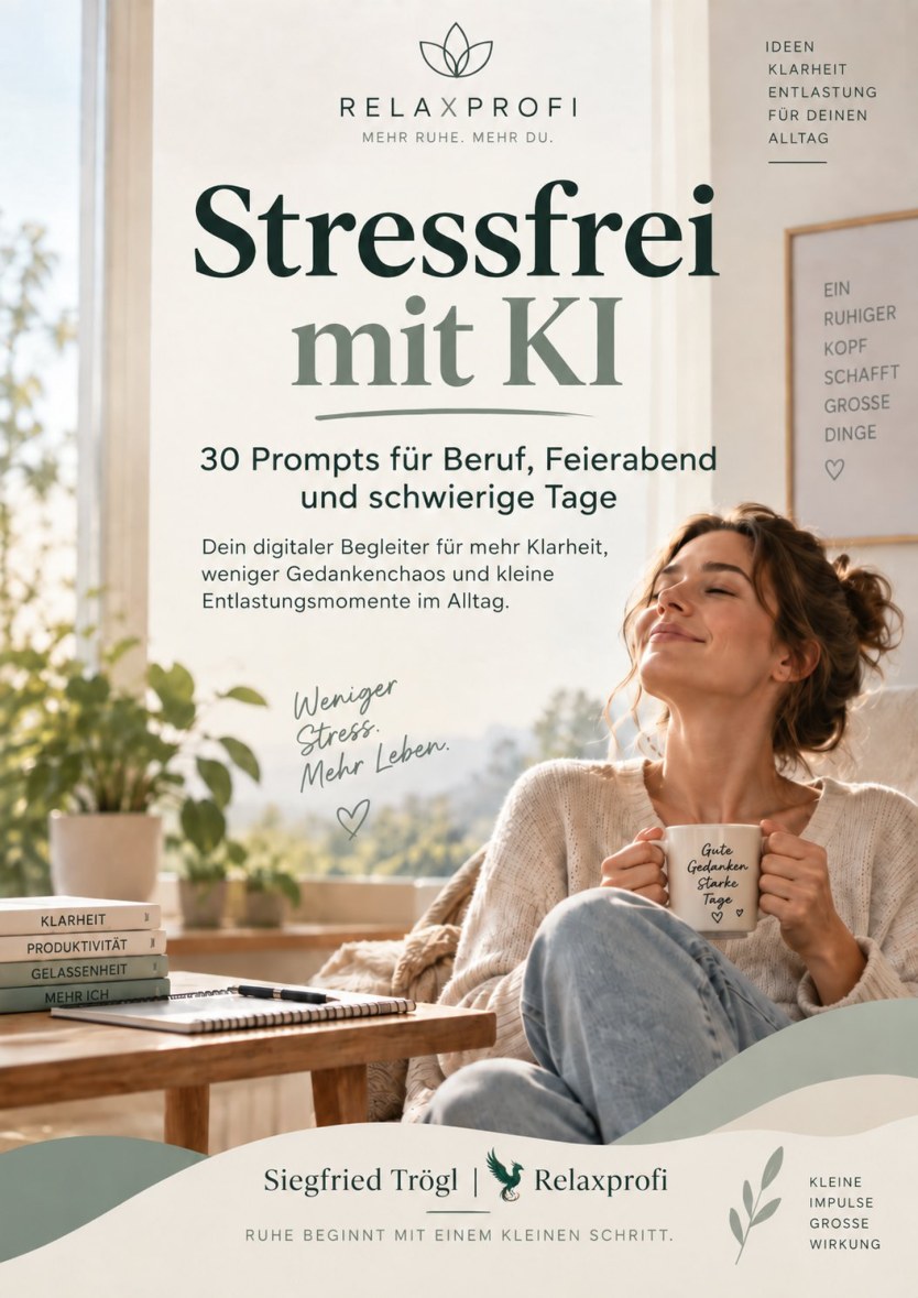 Vollständiges Cover: Stressfrei mit KI – eine Frau mit einer Tasse in einer ruhigen Alltagsszene. Siegfried Trögl, Relaxprofi.